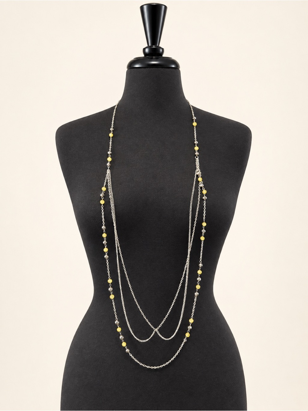Multi-Strand Silver Necklace with Yellow Beads - Women Jewelry